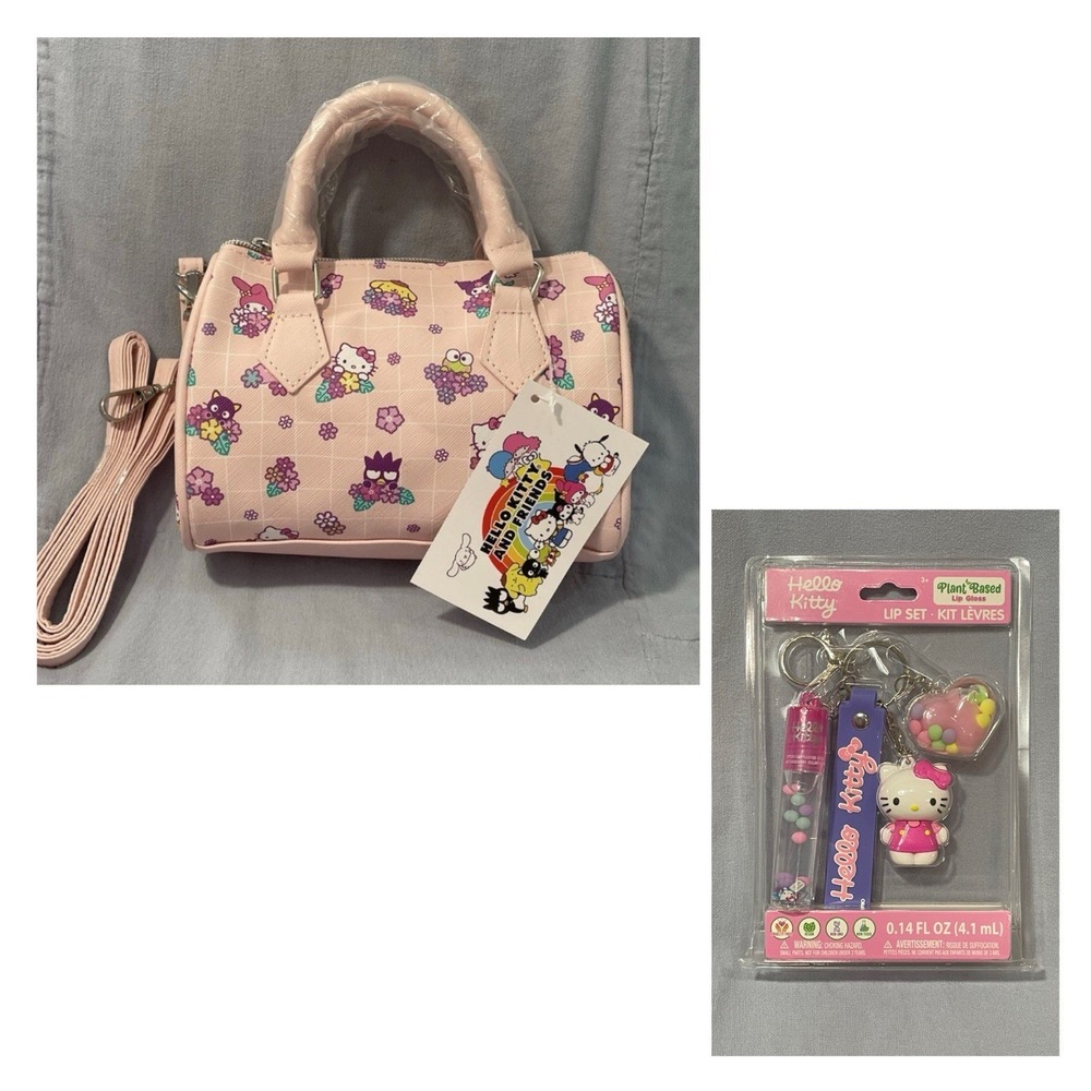 NEW Sanrio Hello Kitty & Friends Pink Purse Cross‎ Body Bag w/ Flowers & Lip Set